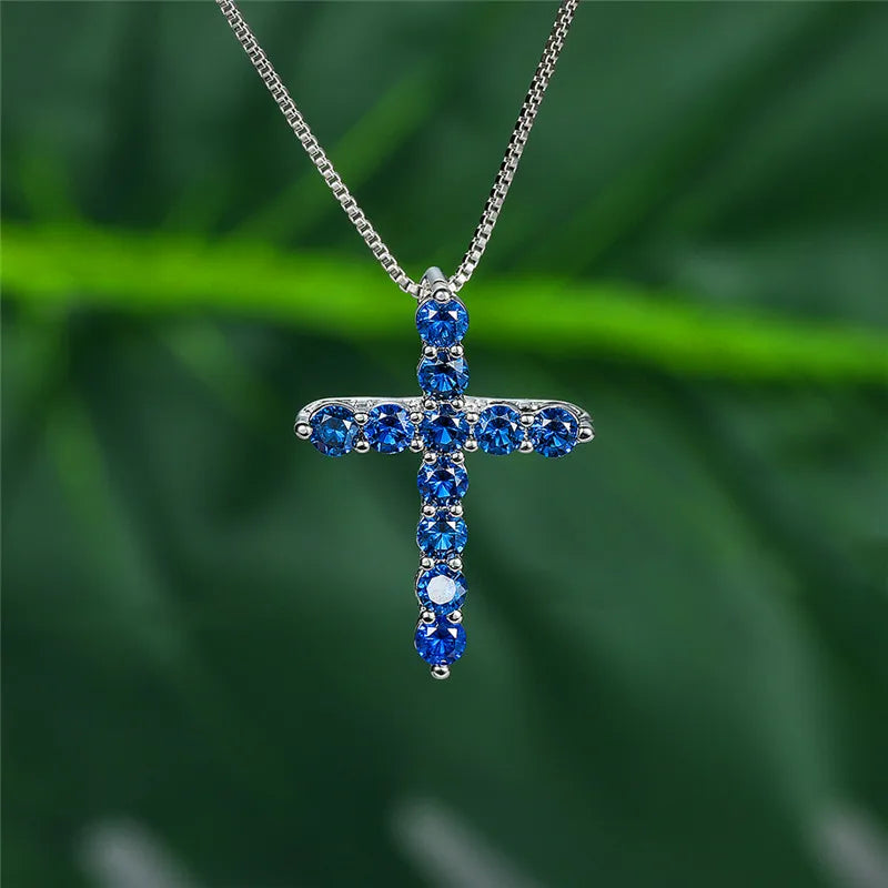 Luxury Female Crystal Blue Purple Pendant Necklace Charm Silver Color Chain Zircon Stone Wedding Jewelry for Women