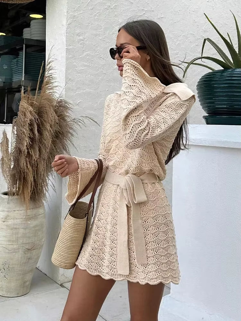 Sexy Shirt V-Neck Bell Sleeve Hollow Out Knitted Belted Beach Mini Dress 2025 Summer Swimsuit Cover up Women'S Casual Outfit K16