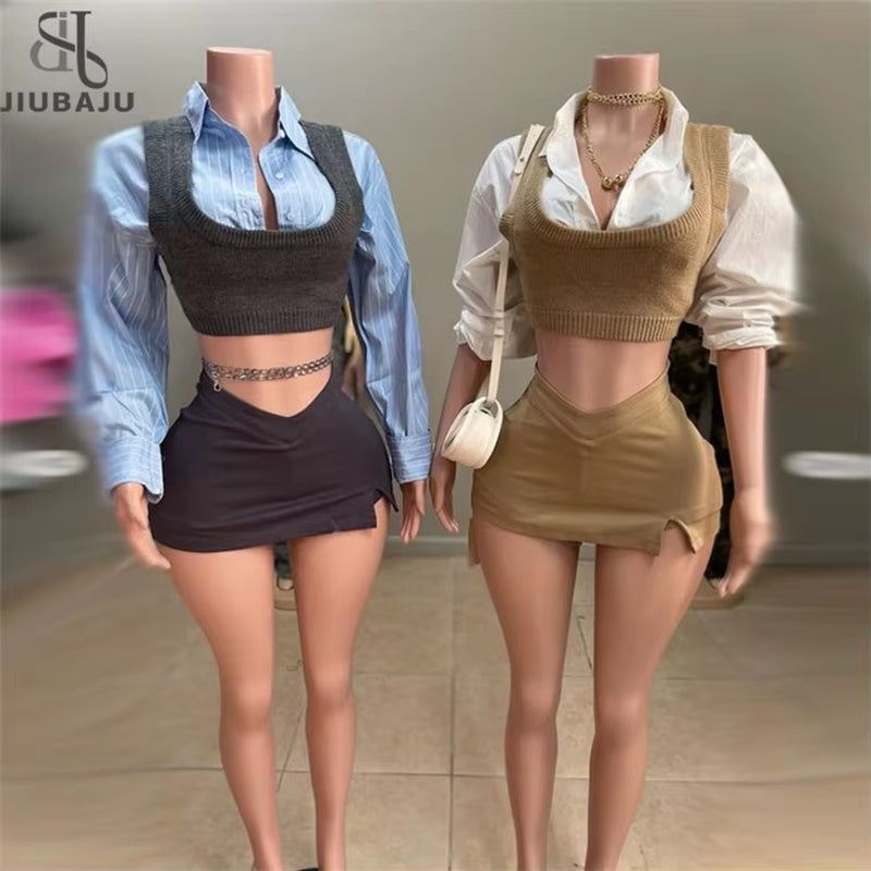 Three Piece Set for Women Turndown Collar Long Sleeve Knit Vest Shirts and Spilt Mini Skirts Outfit