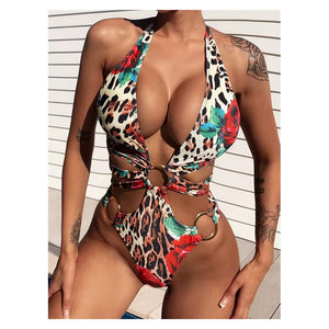 One Piece Swimsuit 2023 NWT Leopard & Flower Halter Hollow Out Swimwear Women Metal Ring Backless Bodysuit Beach Bathing Suit