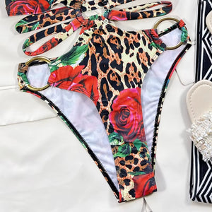 One Piece Swimsuit 2023 NWT Leopard & Flower Halter Hollow Out Swimwear Women Metal Ring Backless Bodysuit Beach Bathing Suit