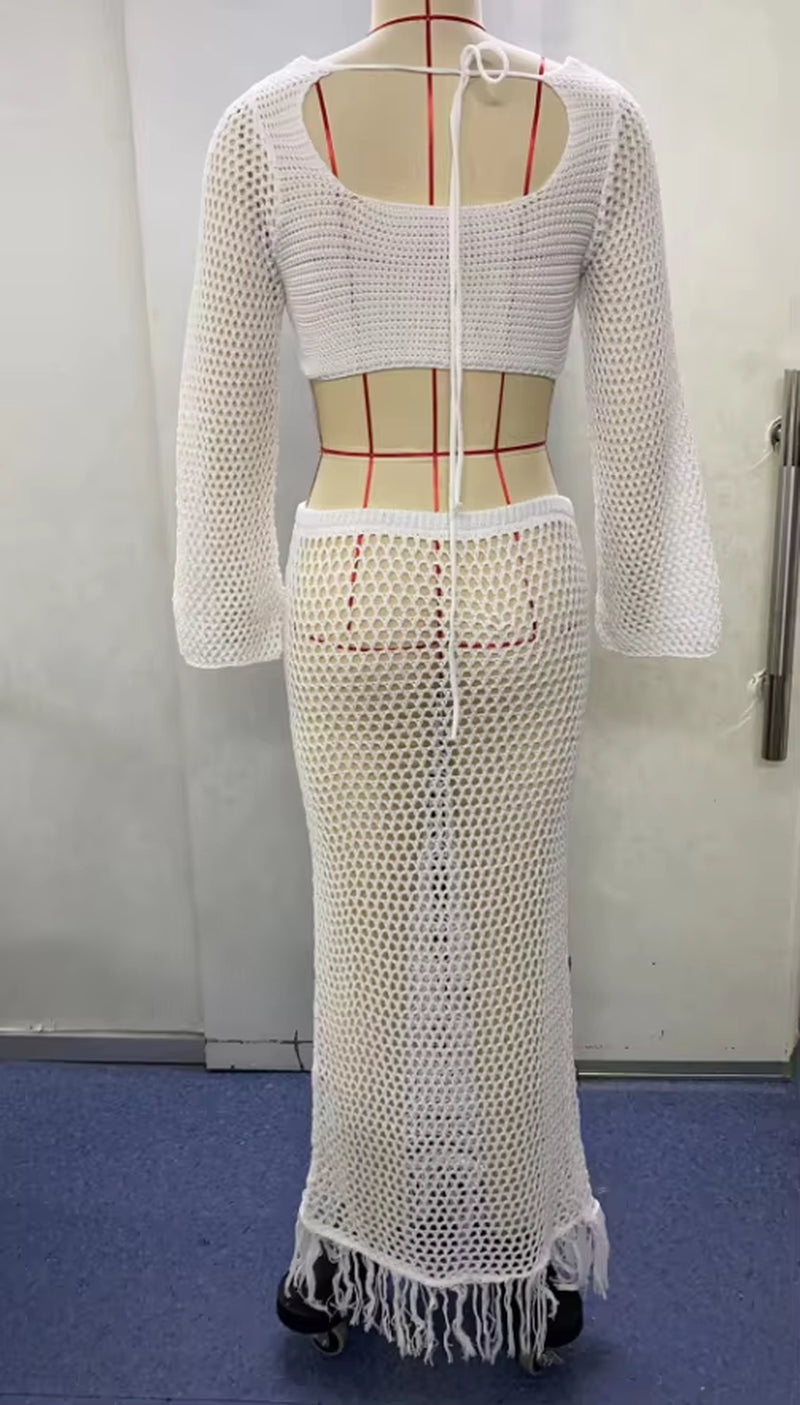 STOCK Crop Long Sleeve Tops Bandage High Waist Skirts Set Party Wear Ladies Crochet Two Piece Set Hollow Out Cover Up