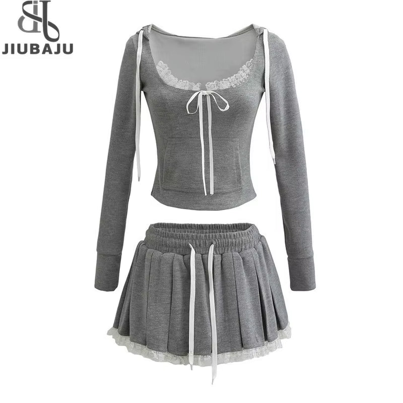 Casual Knit Women'S Set Hooded Crop Tops and Lace Elastic Waist Pleated Mini Skirts Suits 2024 Baddie Vacation Outfits