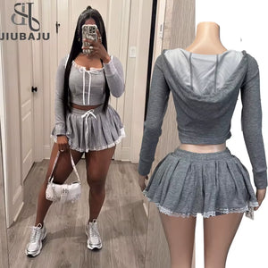 Casual Knit Women'S Set Hooded Crop Tops and Lace Elastic Waist Pleated Mini Skirts Suits 2024 Baddie Vacation Outfits