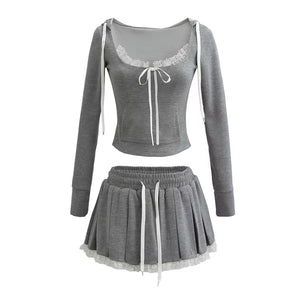 Casual Knit Women'S Set Hooded Crop Tops and Lace Elastic Waist Pleated Mini Skirts Suits 2024 Baddie Vacation Outfits