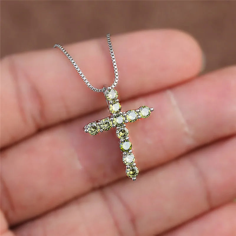 Luxury Female Crystal Blue Purple Pendant Necklace Charm Silver Color Chain Zircon Stone Wedding Jewelry for Women