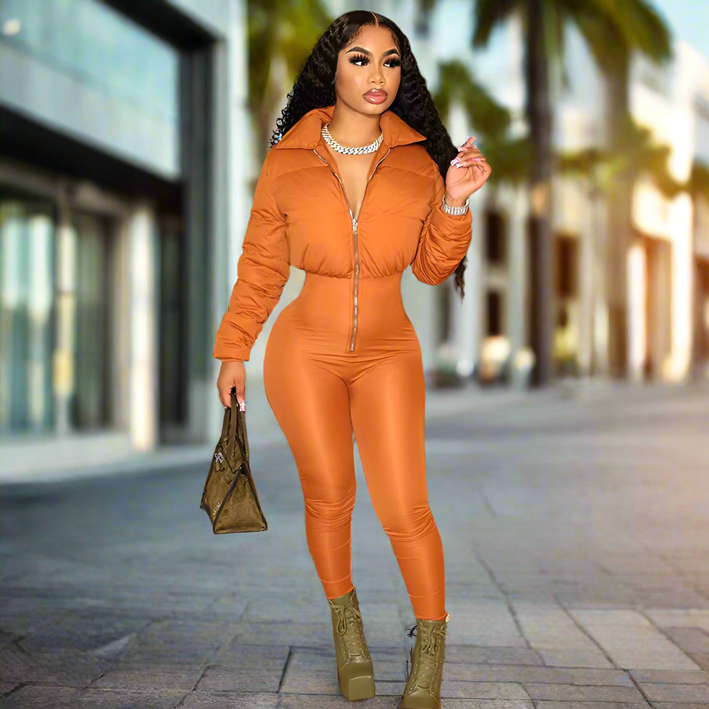 Neon Orange Puffer One Piece Jumpsuit Winter 100% Cotton • Women Breathable Jumpsuit