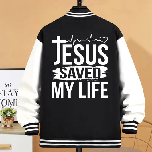 Jesus Saved My Life Varsity Jacket – Faith Streetwear Baseball Jacket