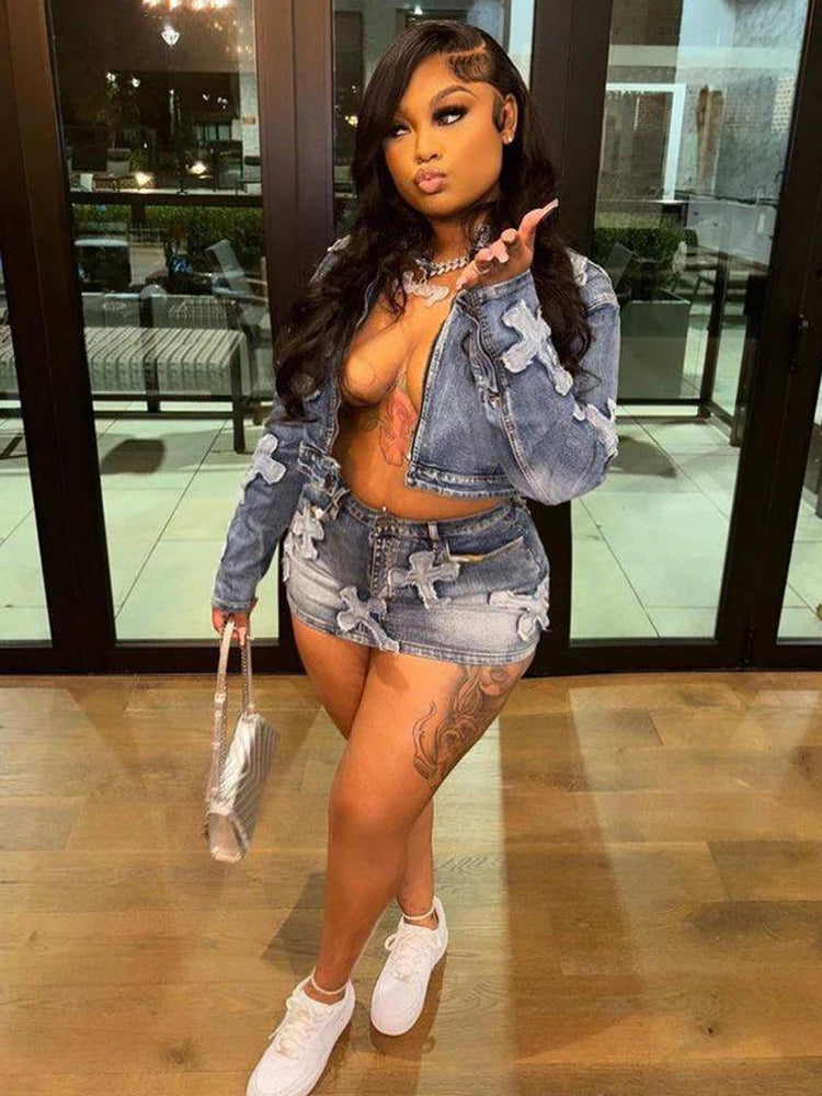 Denim Cross Skirt Set