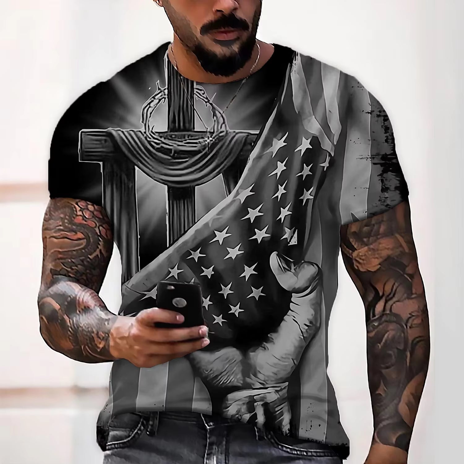 Flag T-Shirt with Eagle Print Men'S Patriotic Big T-Shirt Casual Graphic Short Sleeve T-Shirt Top Men'S Lndependence Day Gift