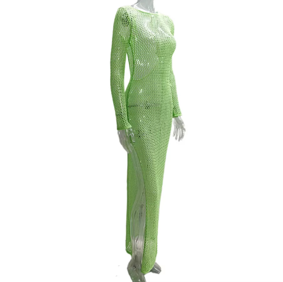 STOCK 3Colors Fishing Net Open Back Bandage Woven Full-Length Sleeve Beach Dress See through Coverup