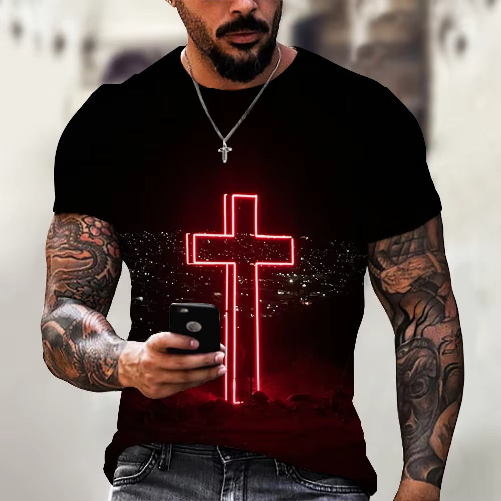 Christian Mens Clothing T Shirts Oversized T Shirt Christ Cross 3D Print O-Neck Tops Streetwear Vintage Hip Hop Short Sleeve